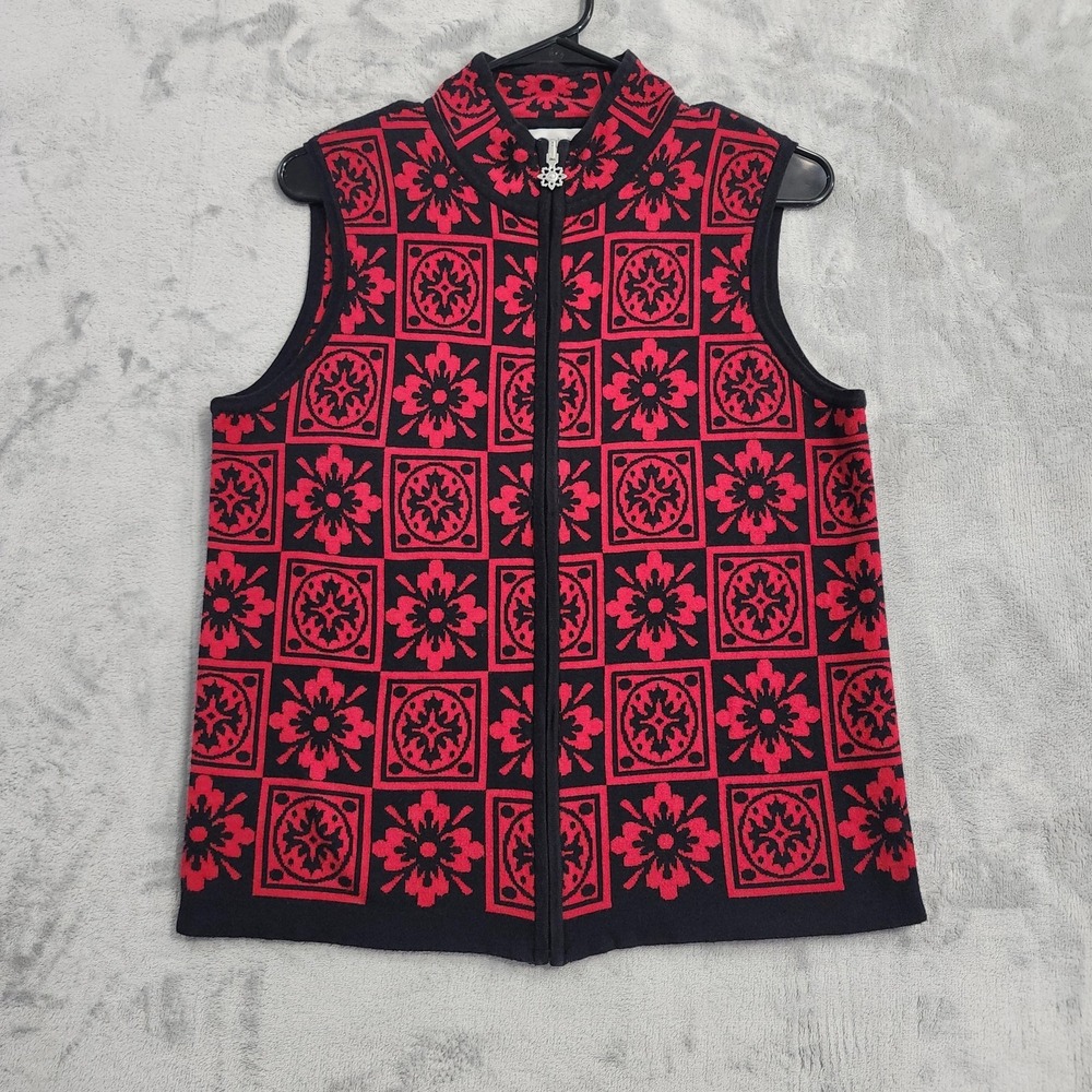 Christopher & Banks Sweater Vest Womens M‎ Red Black Floral Mock Neck Full Zip